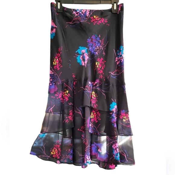 Express Dresses & Skirts - NWT Vintage Y2K Express Silk Black Floral Pull On Sheer Flouncy Hem Skirt